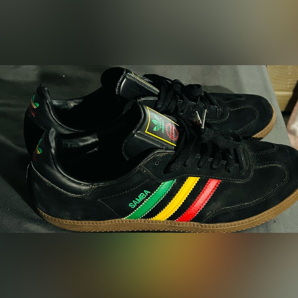 adidas Black Samba Sneakers with Red, Yellow & Green Stripes - Picture 3 of 11
